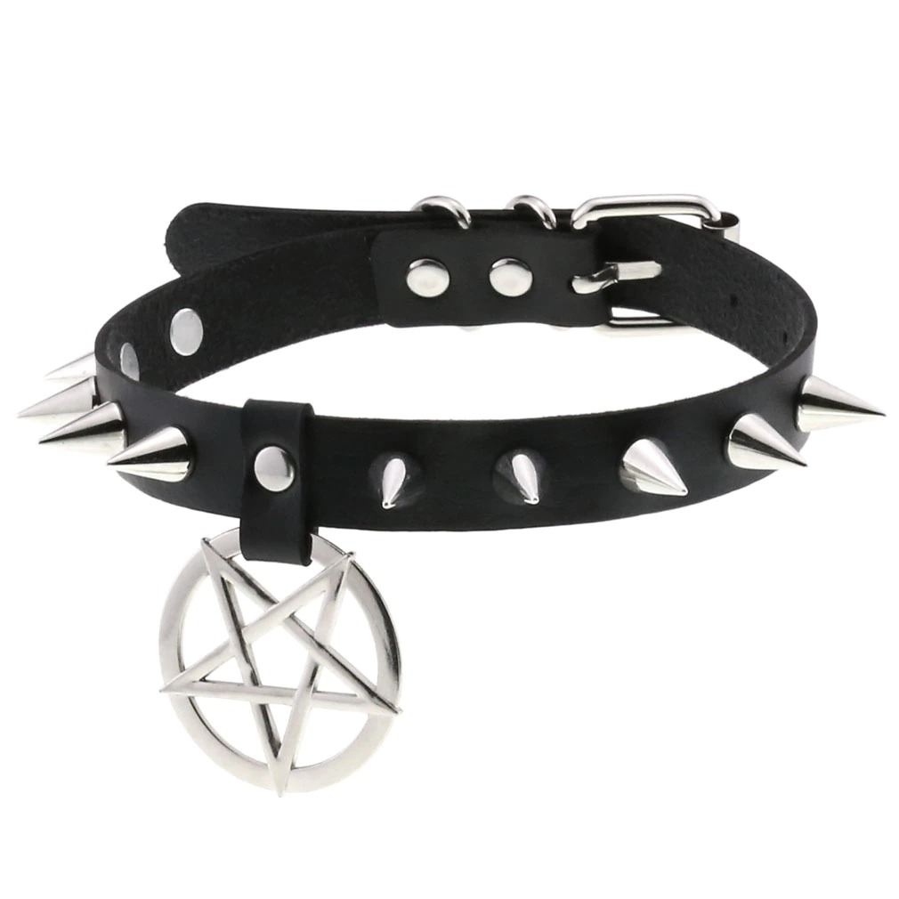 Gothic leather choker necklace featuring silver spikes and pentagram pendant, perfect unisex accessory.