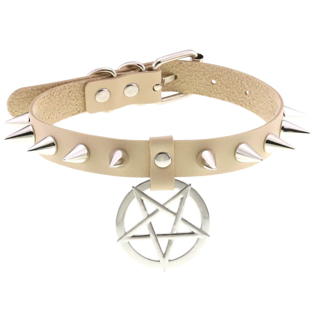 Spikes leather choker necklace with pentagram pendant, gothic style accessory for unisex fashion lovers.