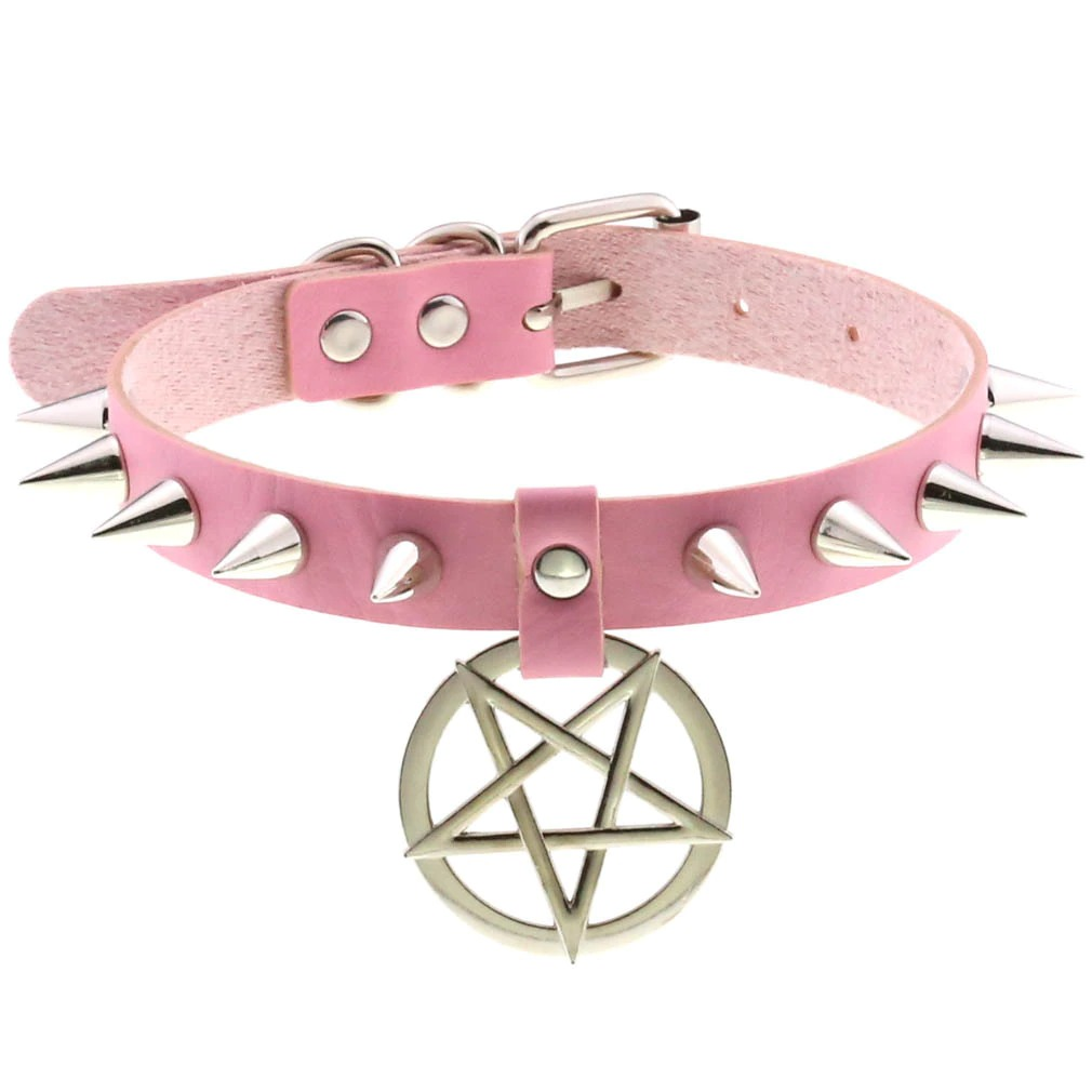 Pink leather choker necklace with silver spikes and pentagram pendant, perfect for gothic-style accessories.