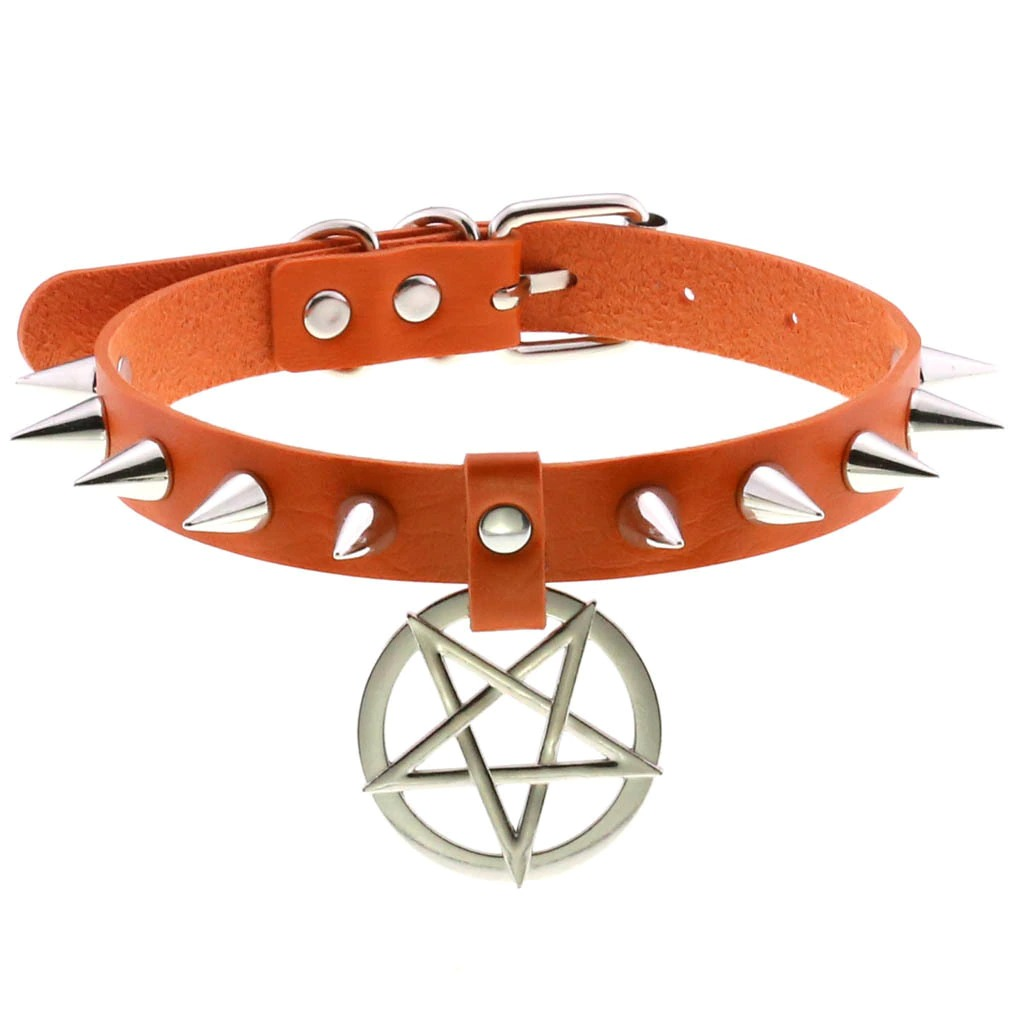 Spikes Leather Choker Necklace with Pentagram / Unisex Accessories in Gothic Style - HARD'N'HEAVY