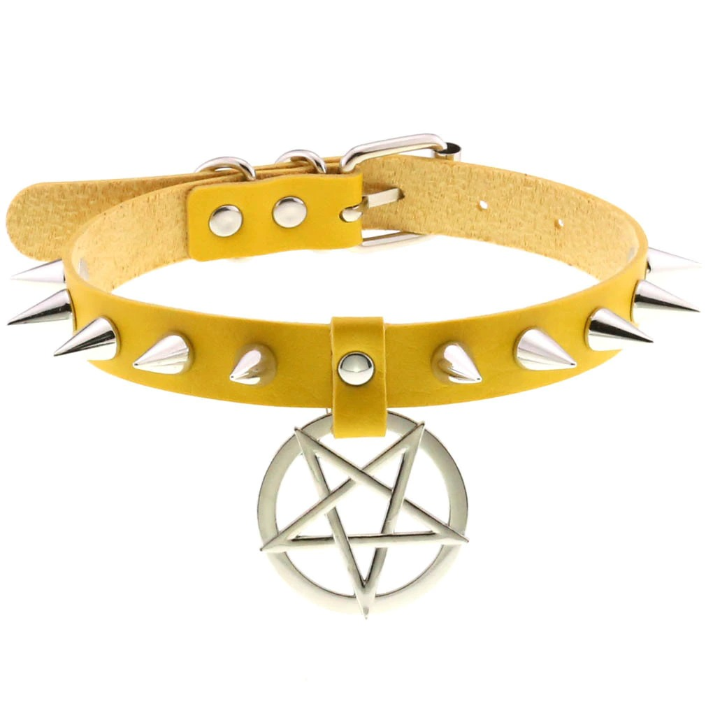 Spikes leather choker necklace with pentagram pendant in yellow, stylish gothic unisex accessory.