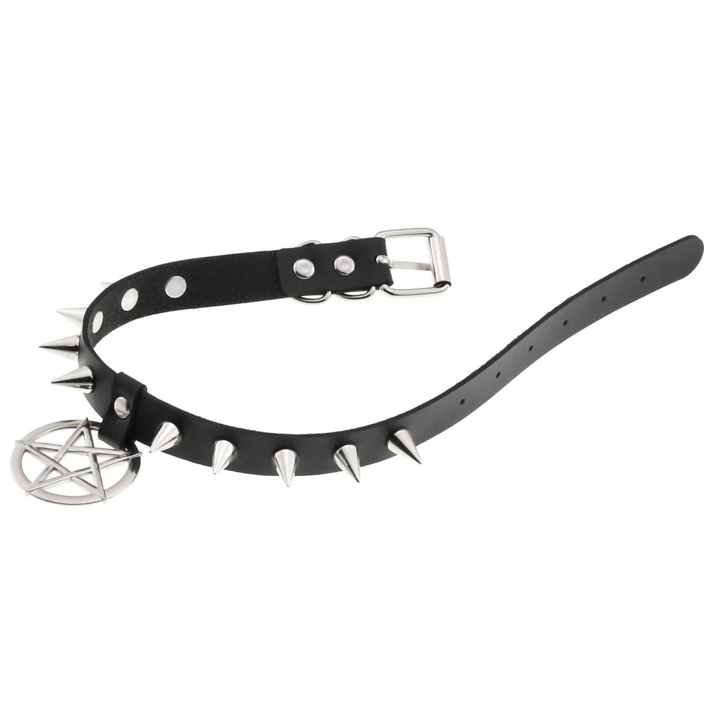 Stylish black leather choker with silver spikes and pentagram pendant, perfect for gothic accessories and unisex fashion.