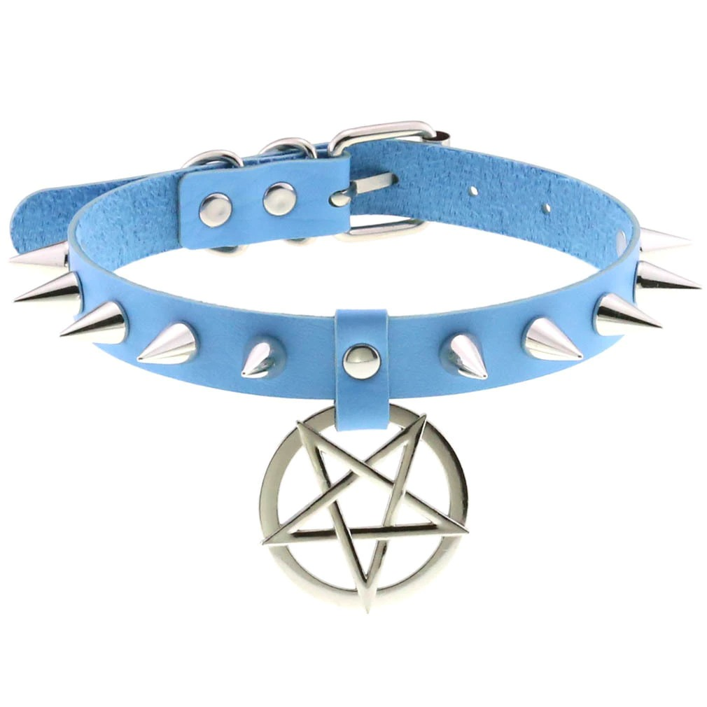 Stylish blue leather choker necklace with silver spikes and pentagram pendant, perfect unisex Gothic accessory.