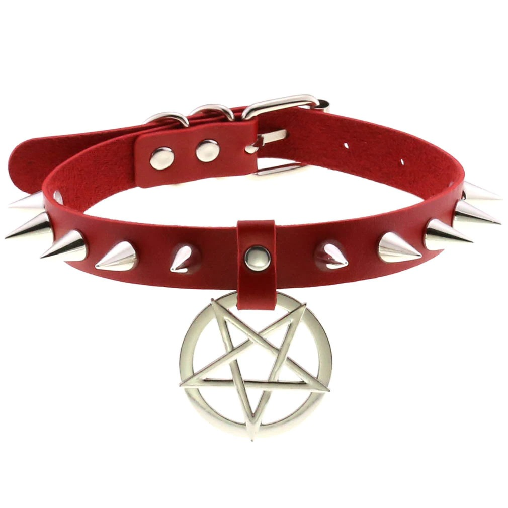 Gothic red leather choker necklace with silver spikes and pentagram pendant, unisex accessory for edgy style.