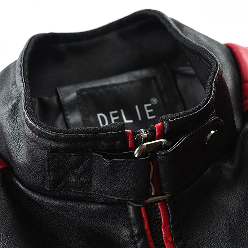 Close-up of the Mandarin collar on a spliced faux leather men's motorcycle jacket, featuring red accents and a stylish design.