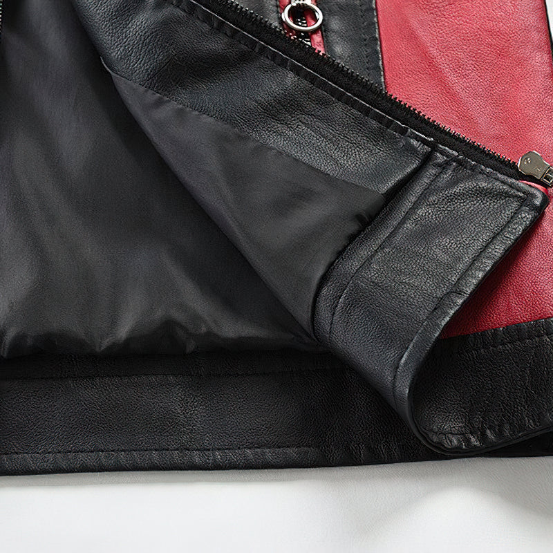 Close-up of the spliced faux leather men's motorcycle jacket showcasing the stylish black and red patchwork design and zipper details.