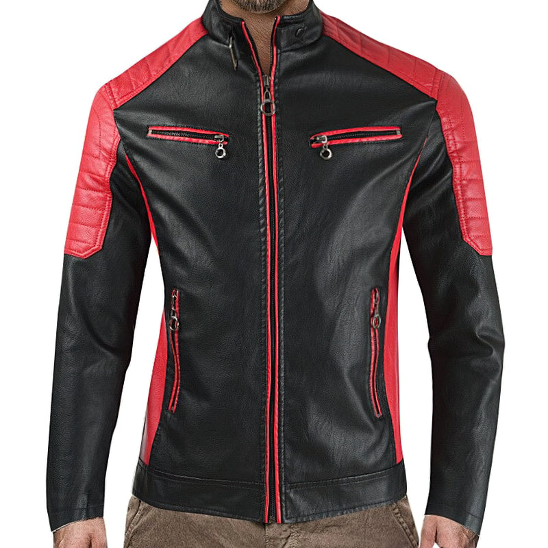 Spliced faux leather men's motorcycle jacket with red accents and stylish zippers, perfect for biker enthusiasts.