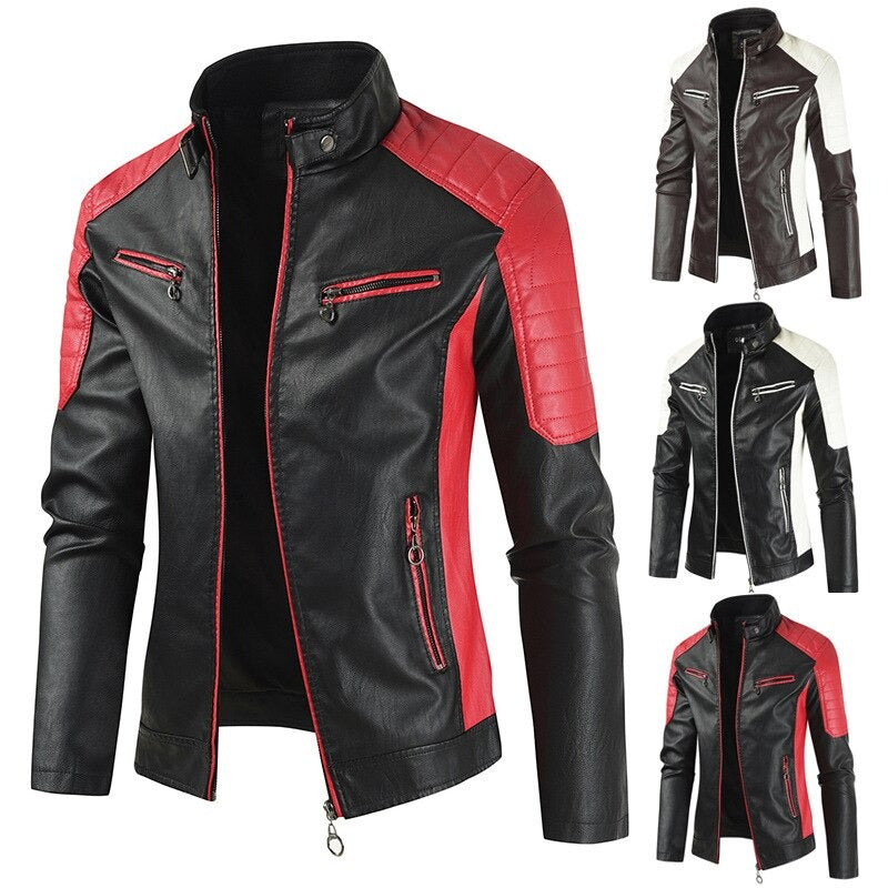 Spliced faux leather men's motorcycle jacket with mandarin collar and stylish color block design.