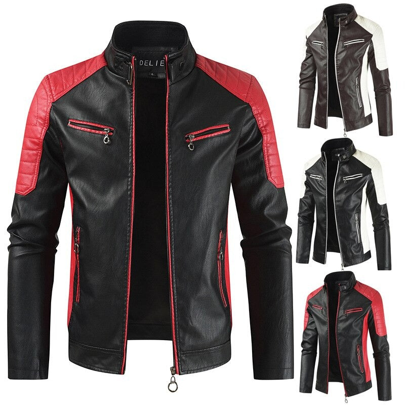 Spliced faux leather men's motorcycle jacket with mandarin collar, stylish patchwork design, available in multiple colors.