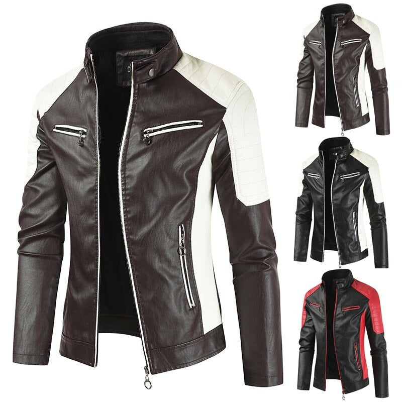 Spliced faux leather men's motorcycle jacket with mandarin collar, black and brown color options, stylish biker outwear.