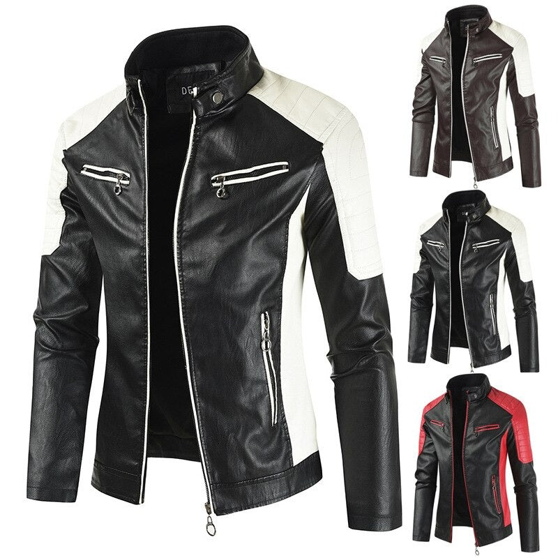 Men's spliced faux leather motorcycle jacket with mandarin collar in black and white, stylish biker outwear.
