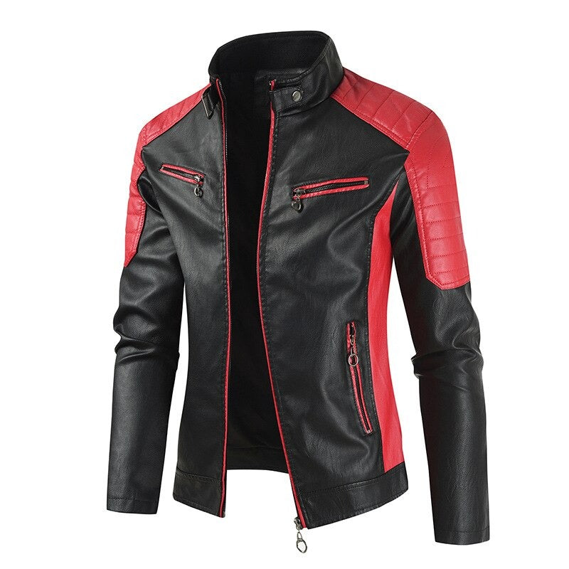 Spliced faux leather men's motorcycle jacket in black and red with mandarin collar and zippers, perfect for biking.
