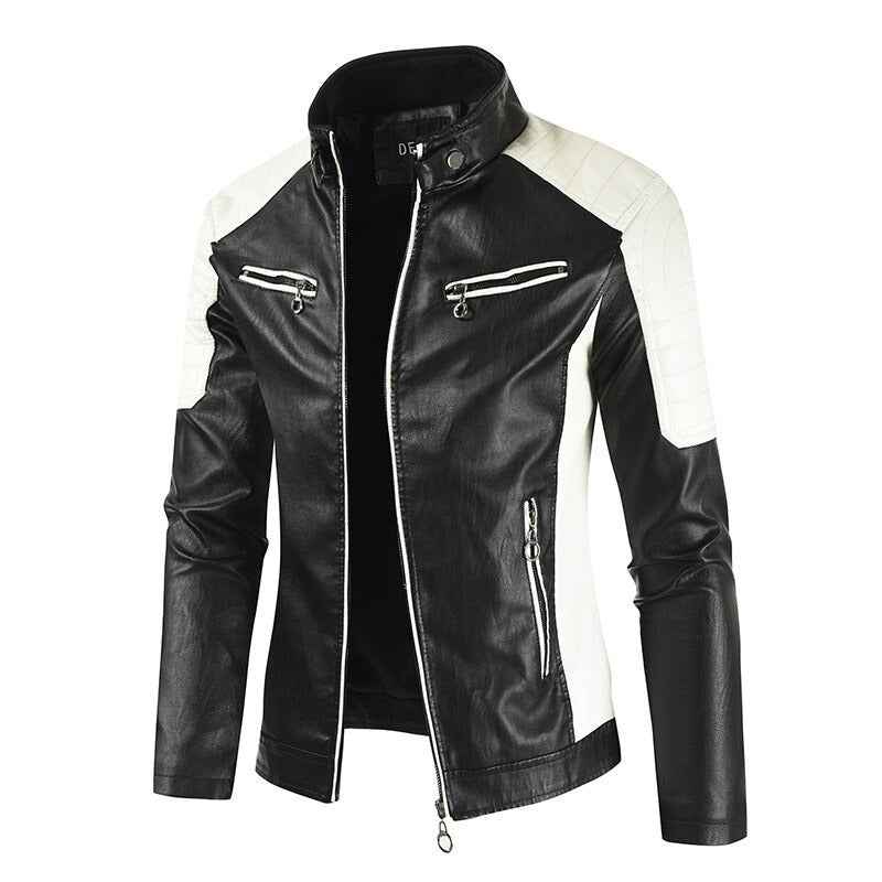 Spliced Faux Leather Men's Motorcycle Jacket With Mandarin Collar / Biker Vintage Outwear - HARD'N'HEAVY