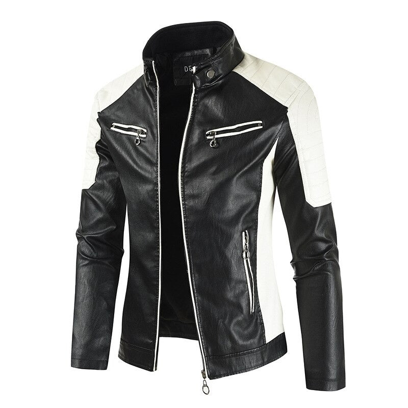 Spliced faux leather men's motorcycle jacket with mandarin collar and zippered pockets, stylish biker vintage outerwear.