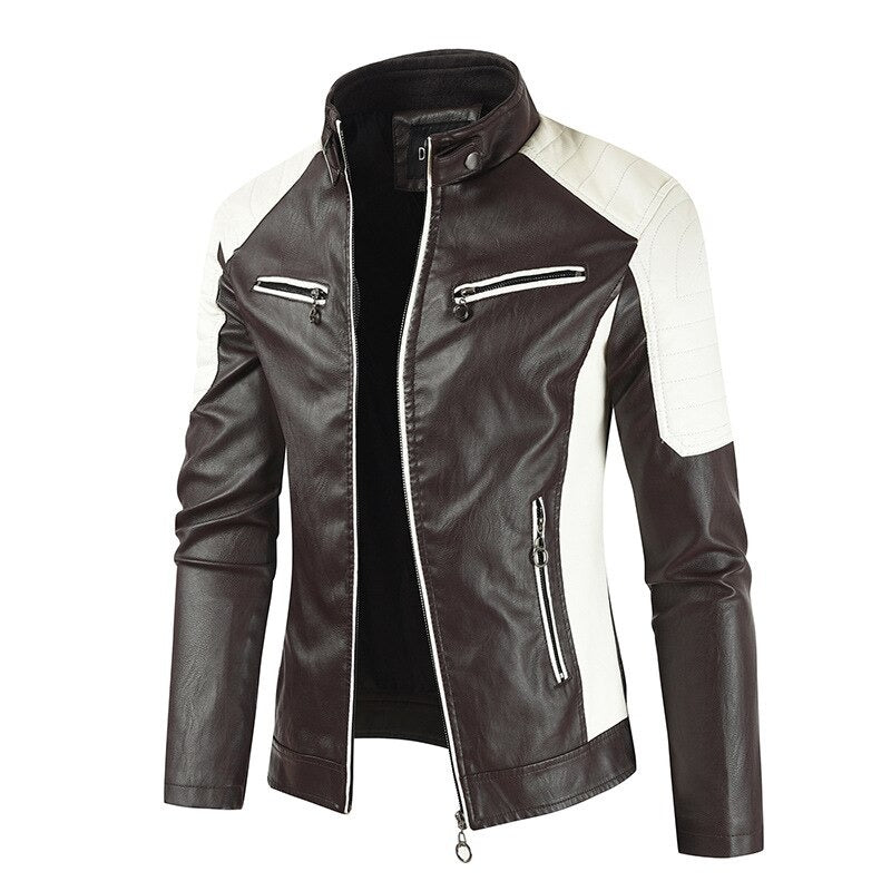 Spliced faux leather men's motorcycle jacket with mandarin collar, zippers, and patchwork design for a stylish biker look.