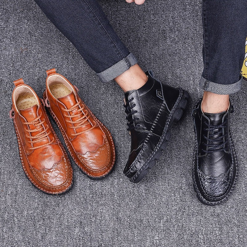 Split leather classic men's boots in brown and black, stylish waterproof footwear for casual or formal outfits.