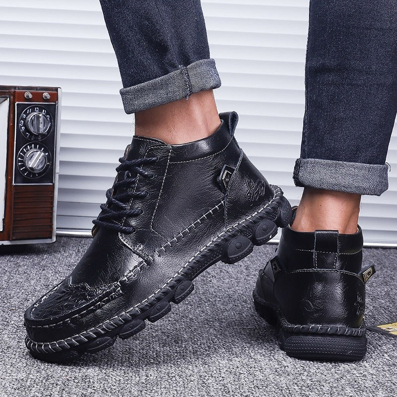 Stylish black split leather men's ankle boots with rubber sole, perfect for casual or formal wear, showcasing comfort and durability.