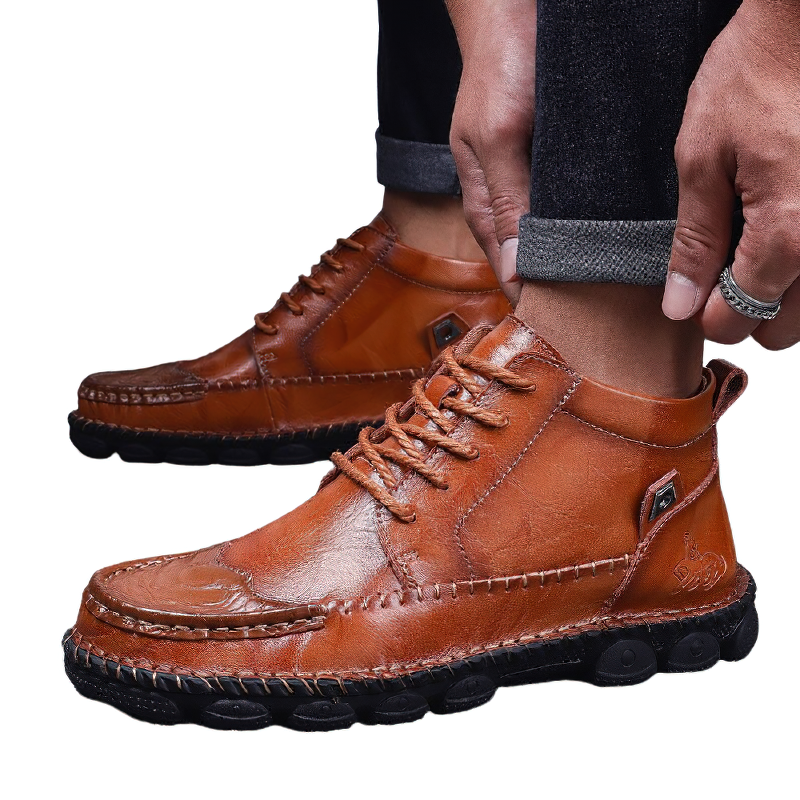 Stylish split leather classic men's boots in tan, perfect for casual or formal outfits, showcasing comfort and durability.