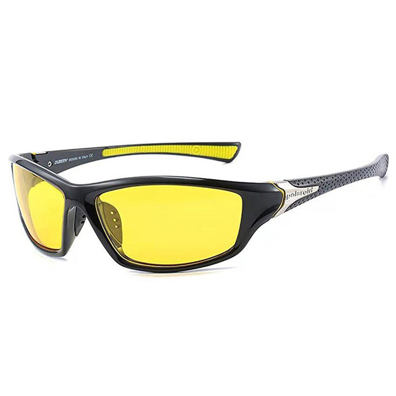 Stylish sport polarized sunglasses in black and yellow, perfect for men and women outdoor activities with UV400 protection.