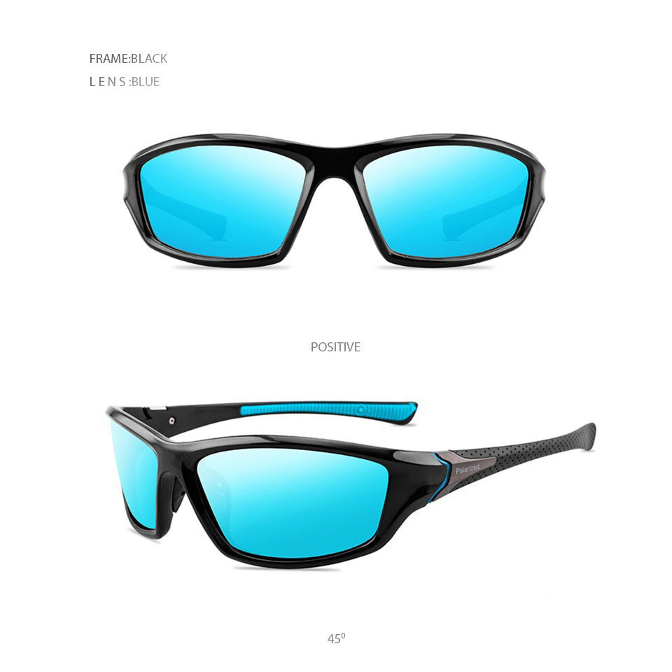 Sport polarized sunglasses with black frame and blue lenses, perfect for outdoor activities and casual wear.