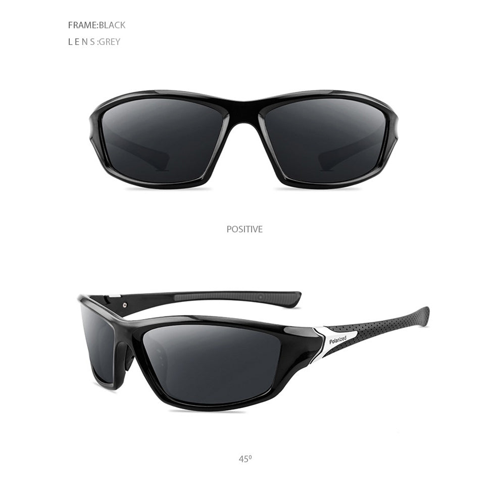 Sport polarized sunglasses with black frame and grey lenses, perfect for outdoor activities and casual wear.