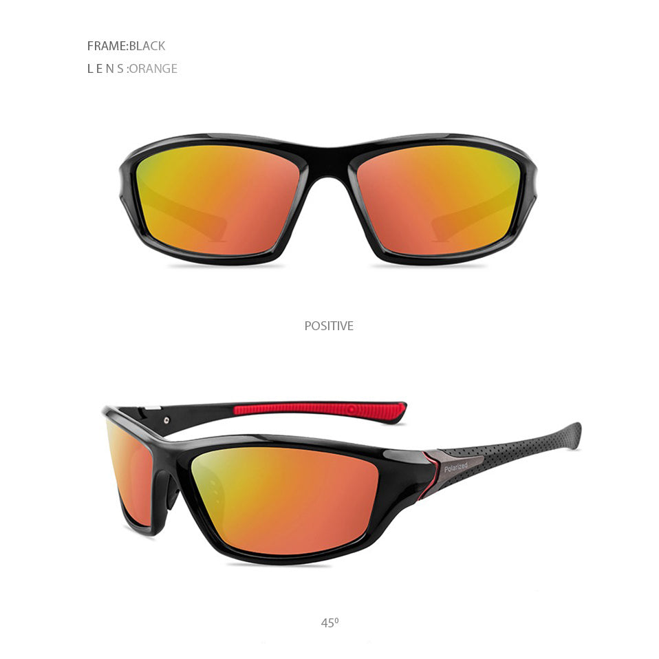 Sport polarized sunglasses with black frame and orange lenses for men and women, perfect for outdoor activities.