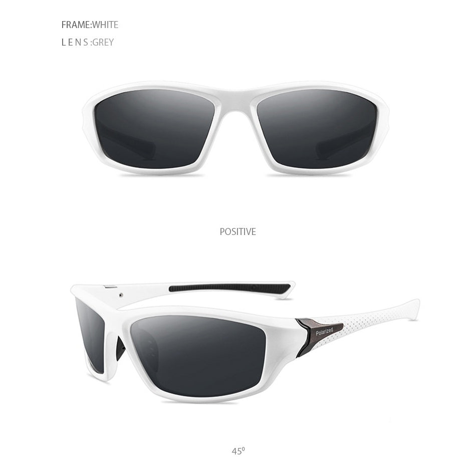 Sport polarized sunglasses with a white frame and grey lenses, perfect for outdoor activities and casual wear.