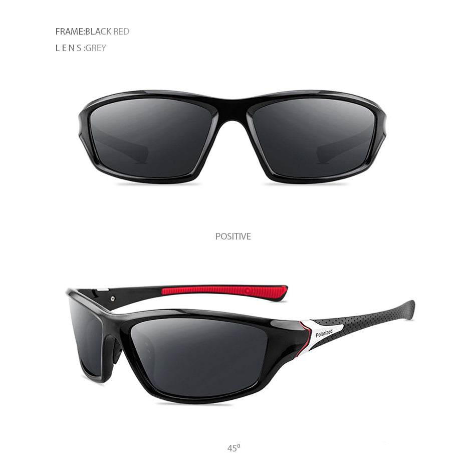 Sport polarized sunglasses for men and women in black and red, offering UV400 protection for outdoor activities.