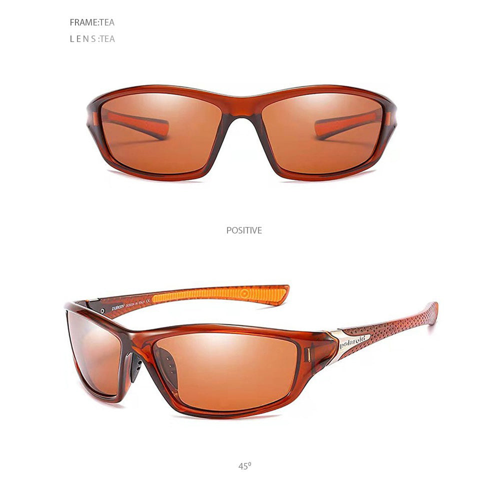 Sport polarized sunglasses in tea frame and lens color, ideal for outdoor activities and unisex styling.