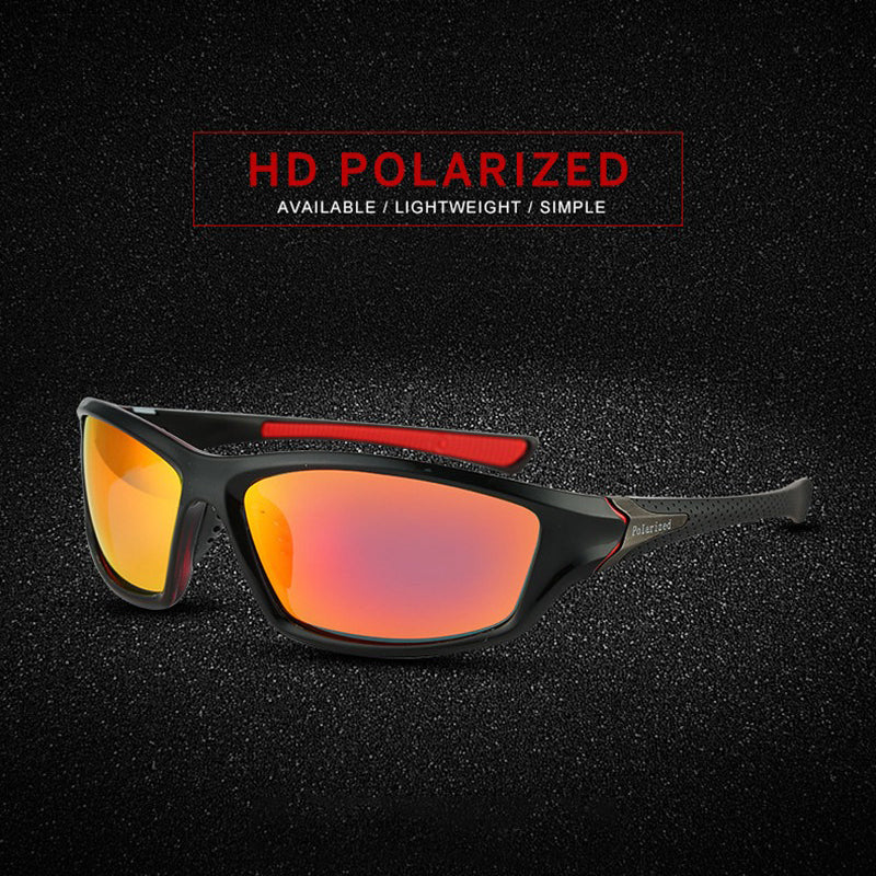 HD polarized sunglasses in black with red accents. Lightweight and simple design for sports and casual wear.