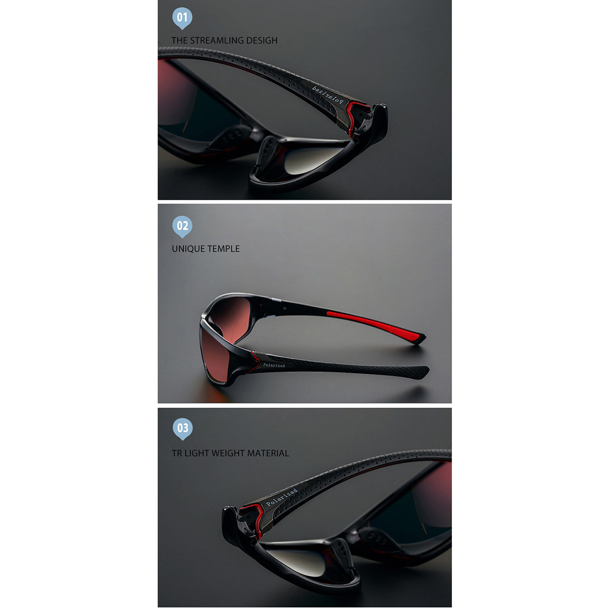 Sport polarized sunglasses showcasing streamlining design, unique temple, and lightweight material for active lifestyle.