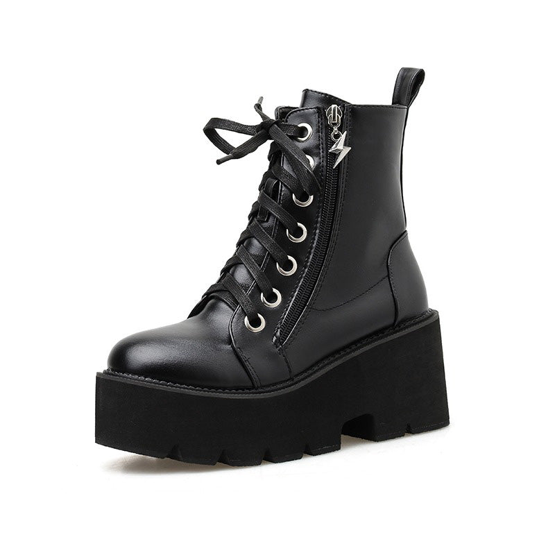 Spring and Autumn Women Shoes / Black Wedges Heels Boots in Rock Style / Lacing Platform Ankle Boots - HARD'N'HEAVY