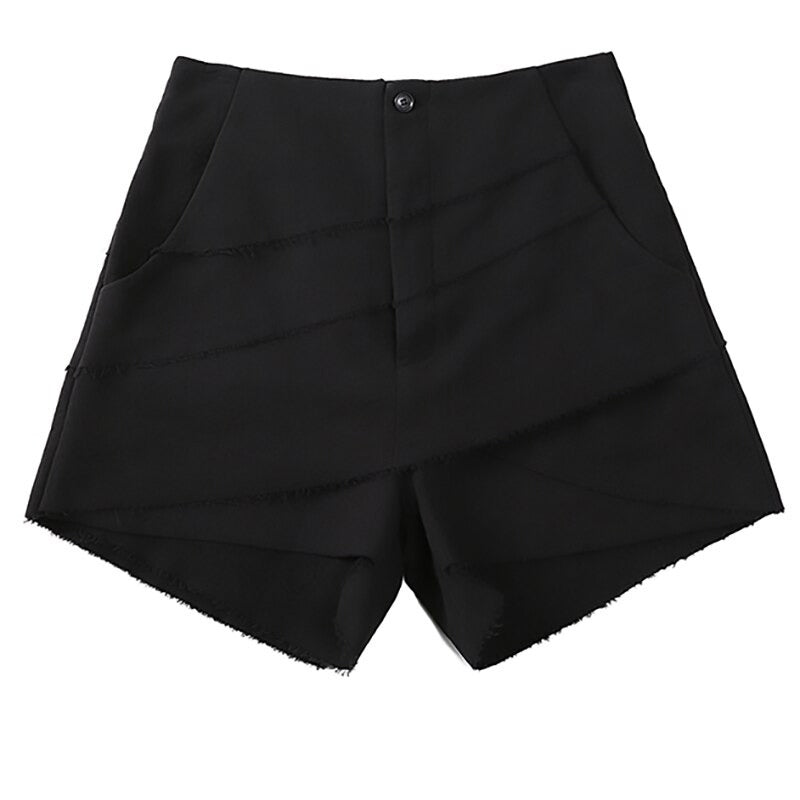 Spring-Autumn High Waist Black Women's Loose Shorts / Irregular Split Joint Shorts With Layers - HARD'N'HEAVY