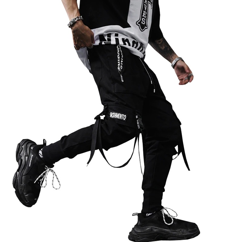 Men's spring fashion pants with ribbons, perfect for a rock style and active lifestyle, featuring comfortable elastic waist.