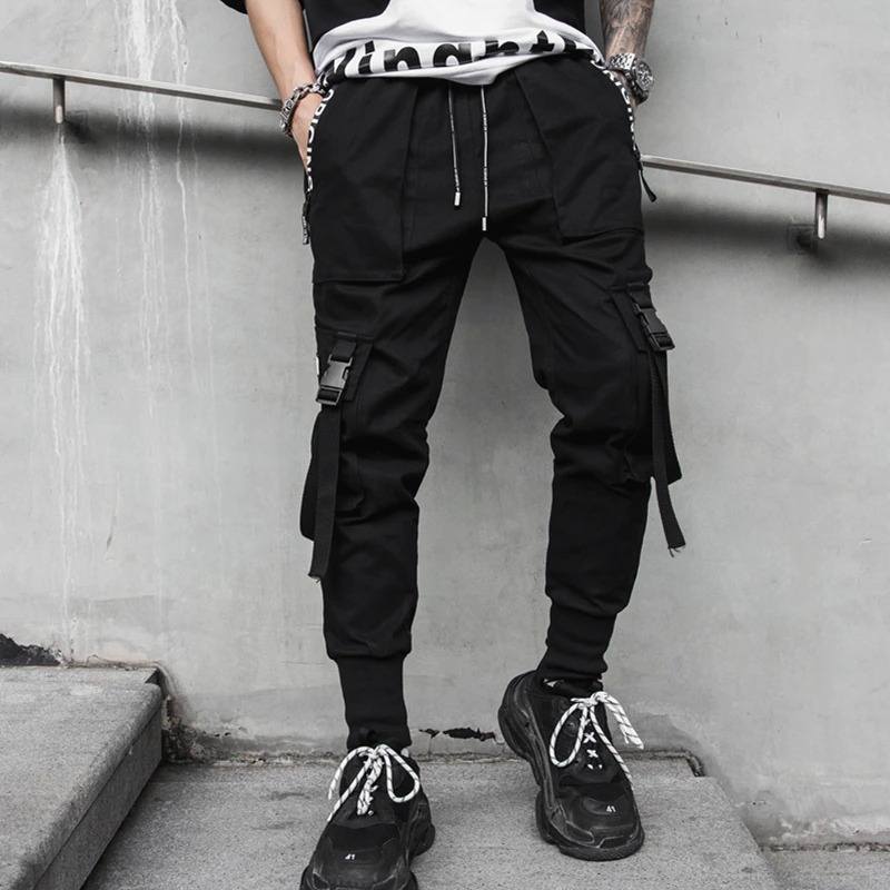Men's spring rock style pants in black with cargo pockets and elastic waist, perfect for active days and stylish looks.