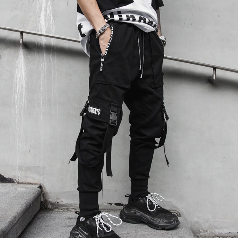 Men's spring fashion pants in black with ribbons; stylish rock style trousers perfect for active days.