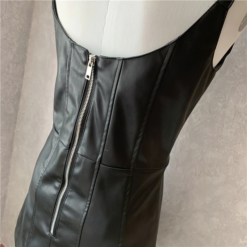Gothic Women Black PU Leather Dress / Sexy Slim Sleeveless Dress with Chains - HARD'N'HEAVY