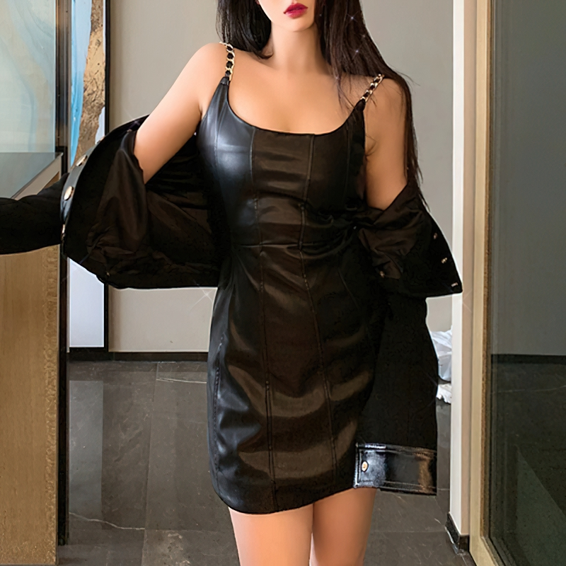 Gothic Women Black PU Leather Dress / Sexy Slim Sleeveless Dress with Chains - HARD'N'HEAVY