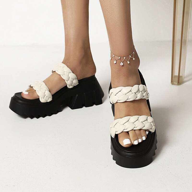 Square Heel Women's Sandals With Weave Straps / Female Casual Platform Shoes In Three Colors - HARD'N'HEAVY