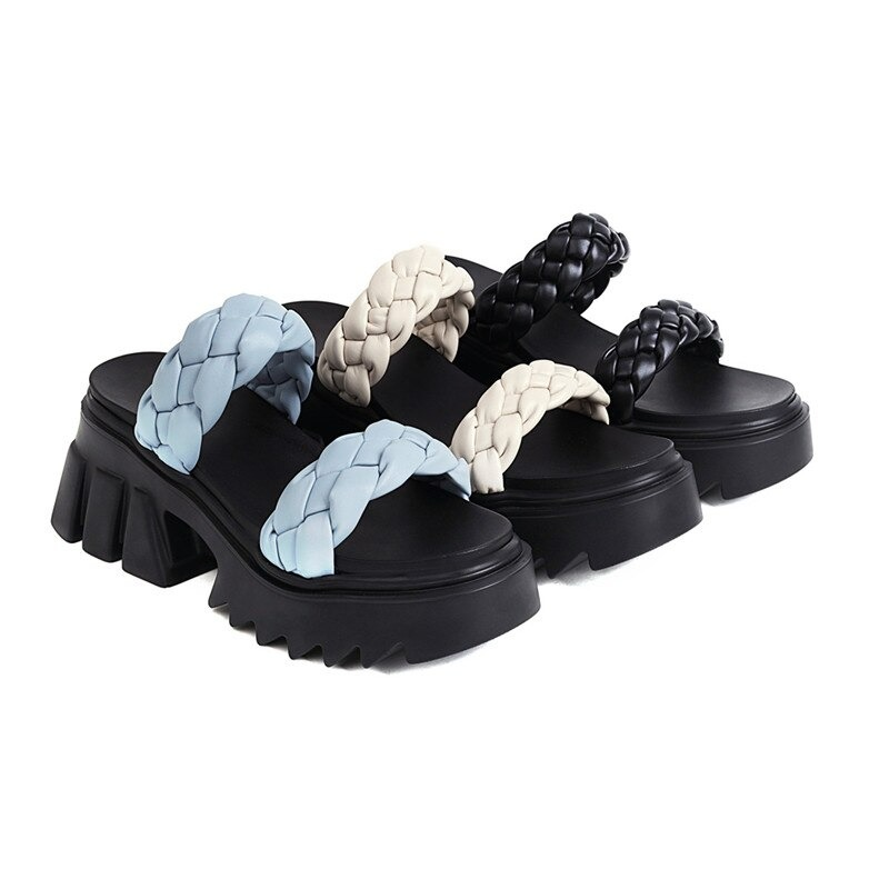 Square Heel Women's Sandals With Weave Straps / Female Casual Platform Shoes In Three Colors - HARD'N'HEAVY