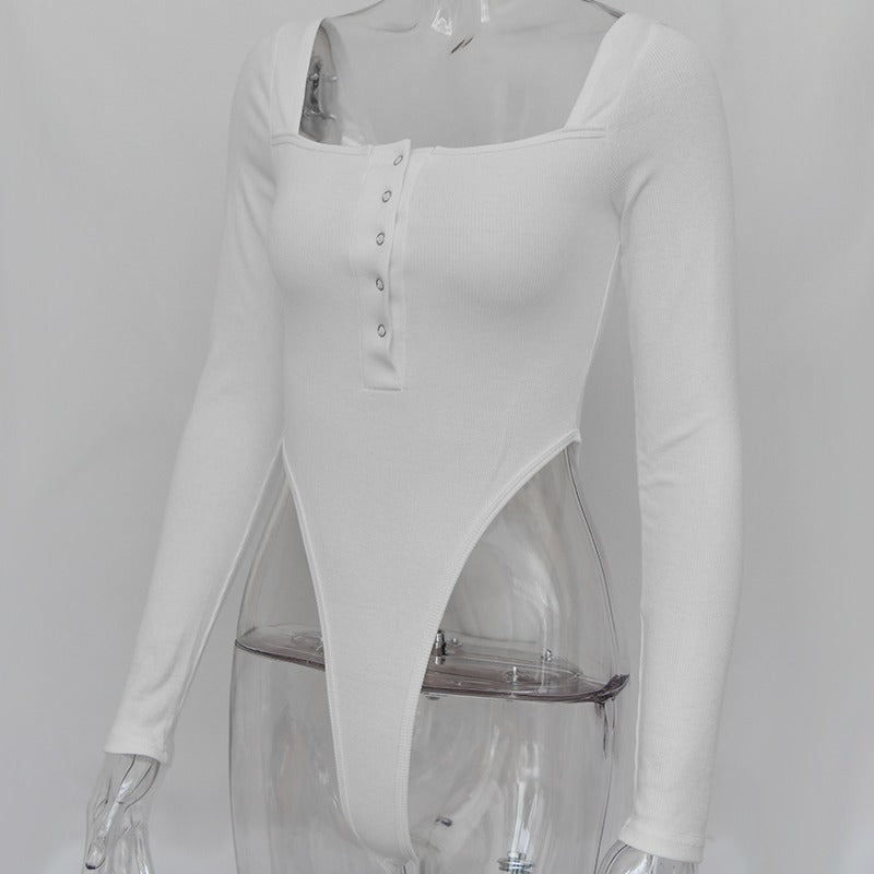 Square Neck White and Grey Long Sleeve Jumpsuits / High Waist Women Body Fashion Bodysuits Clothes - HARD'N'HEAVY