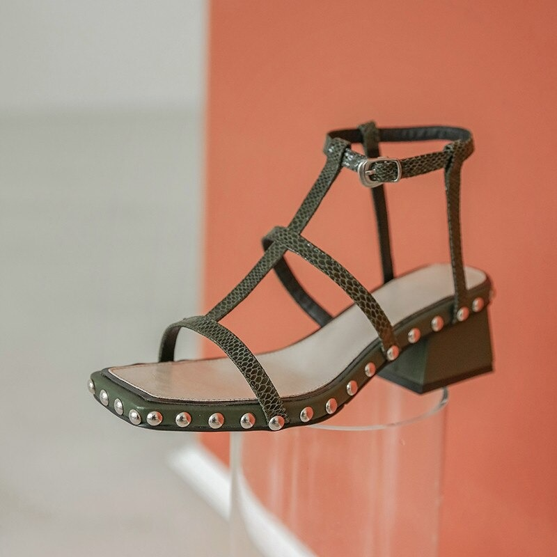 Square Toe Women's Casual Sandals With Rivets / Ladies Genuine Leather Shoes With Ankle Buckle - HARD'N'HEAVY