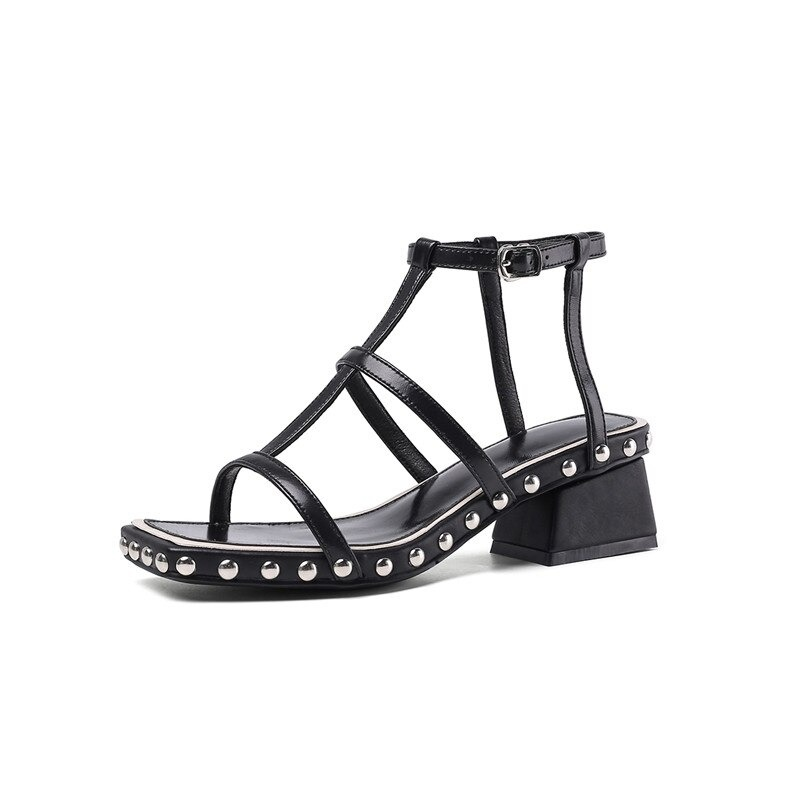 Square Toe Women's Casual Sandals With Rivets / Ladies Genuine Leather Shoes With Ankle Buckle - HARD'N'HEAVY