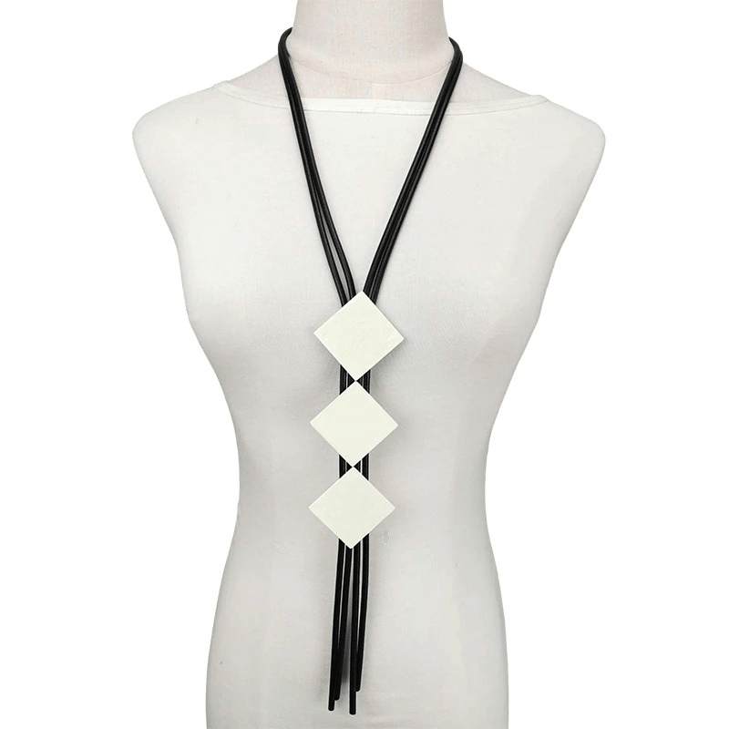 Square Wood Pendant Necklaces For Women / Elasticity Rubber Long Necklace / Clothes Accessories