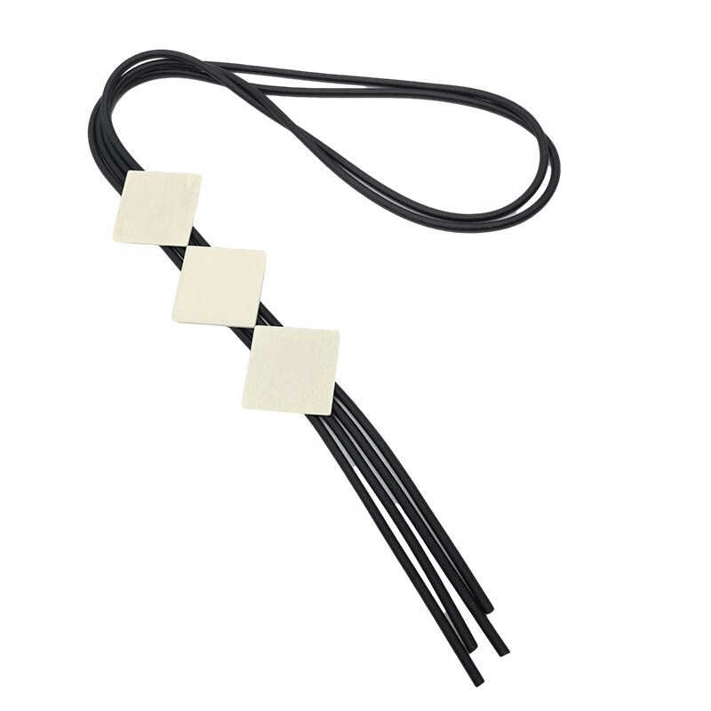 Stylish square wood pendant necklace for women on elastic rubber with three pendants, perfect casual jewelry.