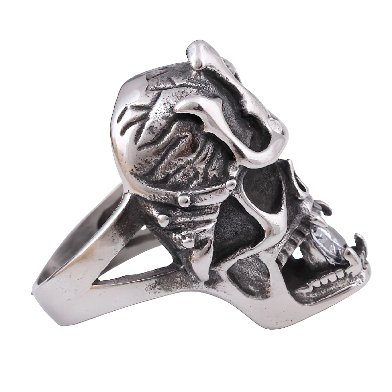 Stainless steel anarchy skull ring featuring a crystal and intricate design, perfect for gothic and punk styles.