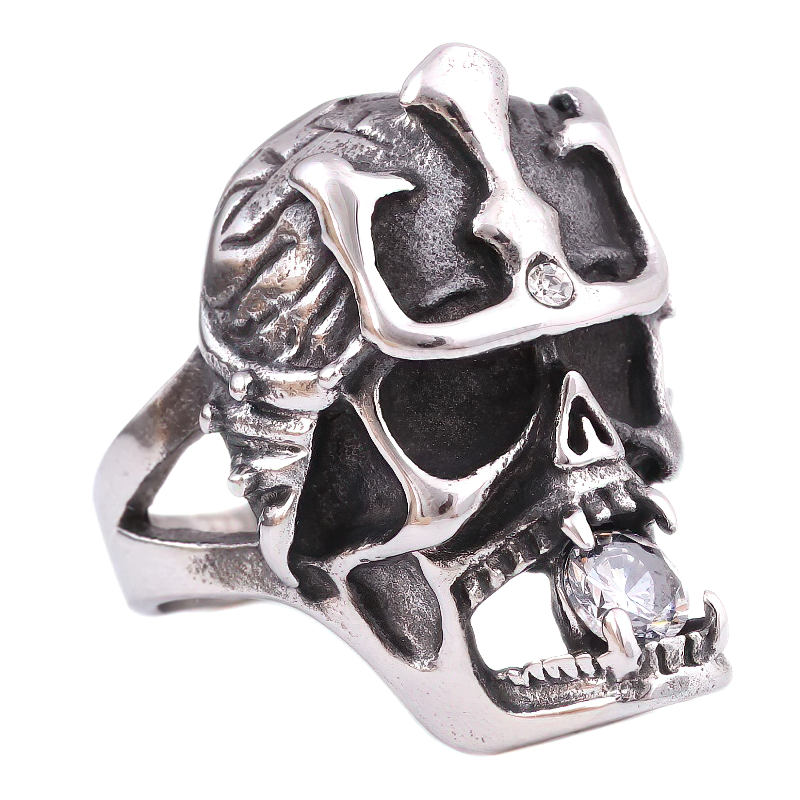 Stainless steel gothic skull ring with crystal, perfect for biker and punk styles.