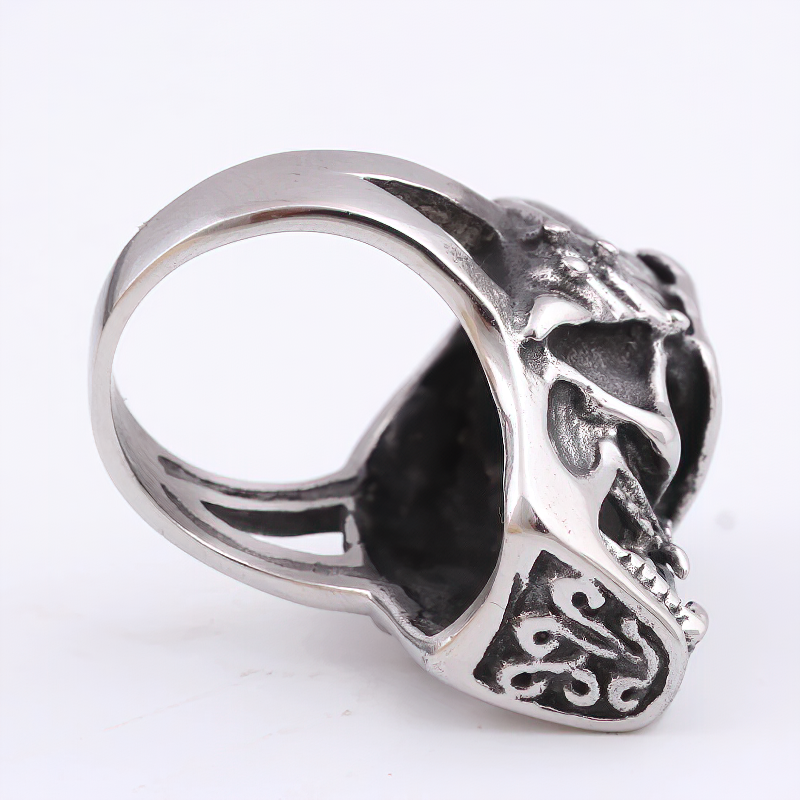 Stainless steel anarchy skull ring, featuring a detailed skull design with crystal embellishment, perfect for gothic style.