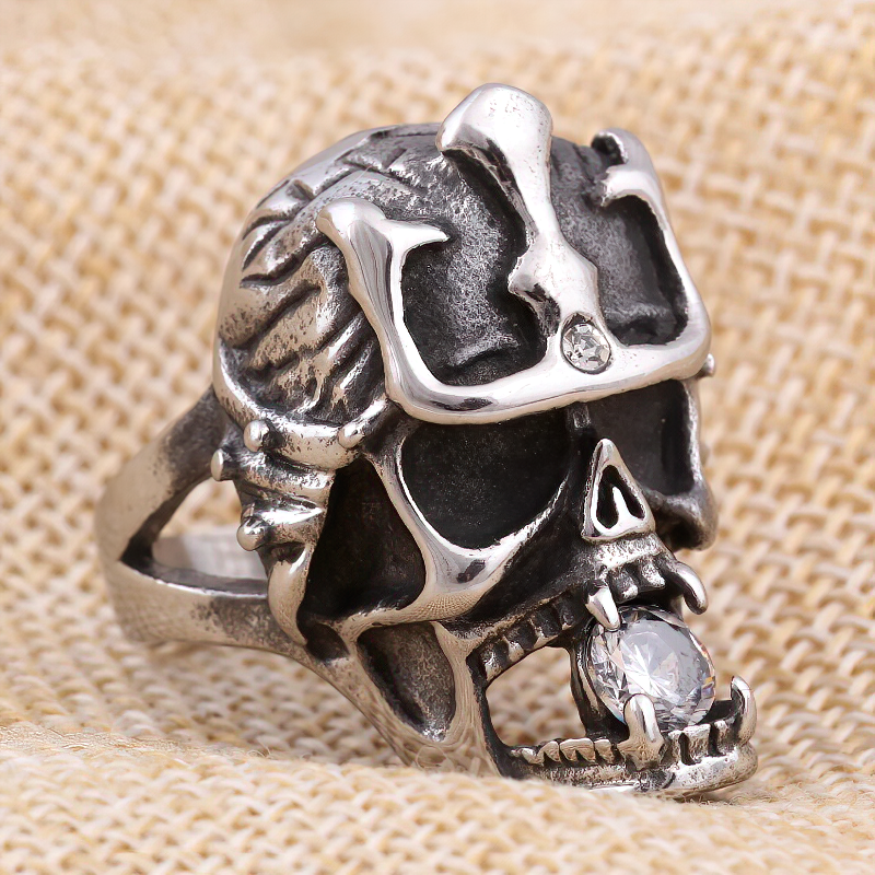 Stainless steel anarchy skull ring with crystal, perfect for gothic and punk styles. Unique unisex jewellery.