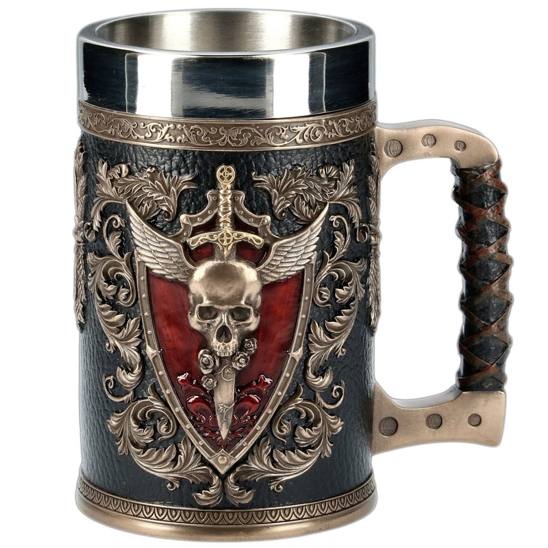 Unique stainless steel and resin beer mug featuring a 3D skull, wings, and a floral design, perfect for vintage mug lovers.